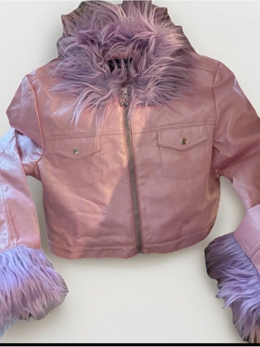 Y2K Pink Faux Leather Jacket with Lavender Faux Fur Collar & Cuffs